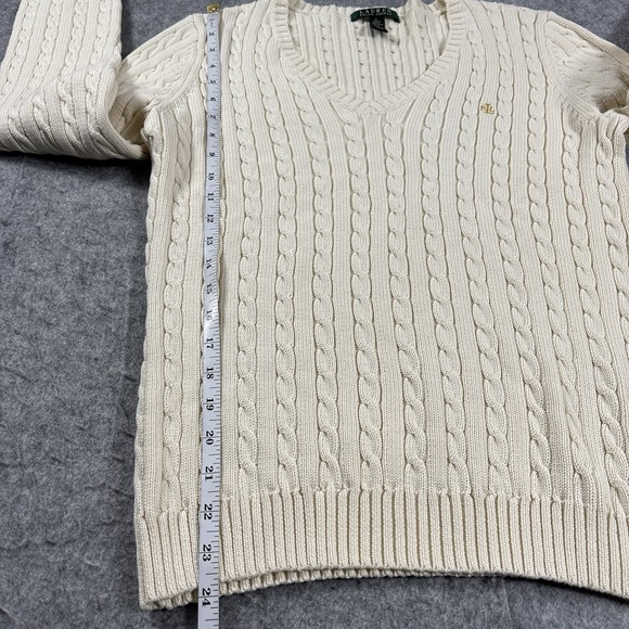 Lauren Ralph Lauren Sweater Cable Knit Cotton V Neck Ivory Cream Womens Large - Picture 4 of 8
